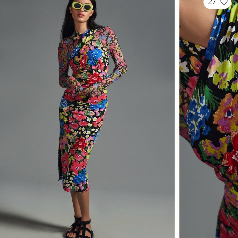 Floral Mesh Halter Mock Neck Long Sleeve Dress